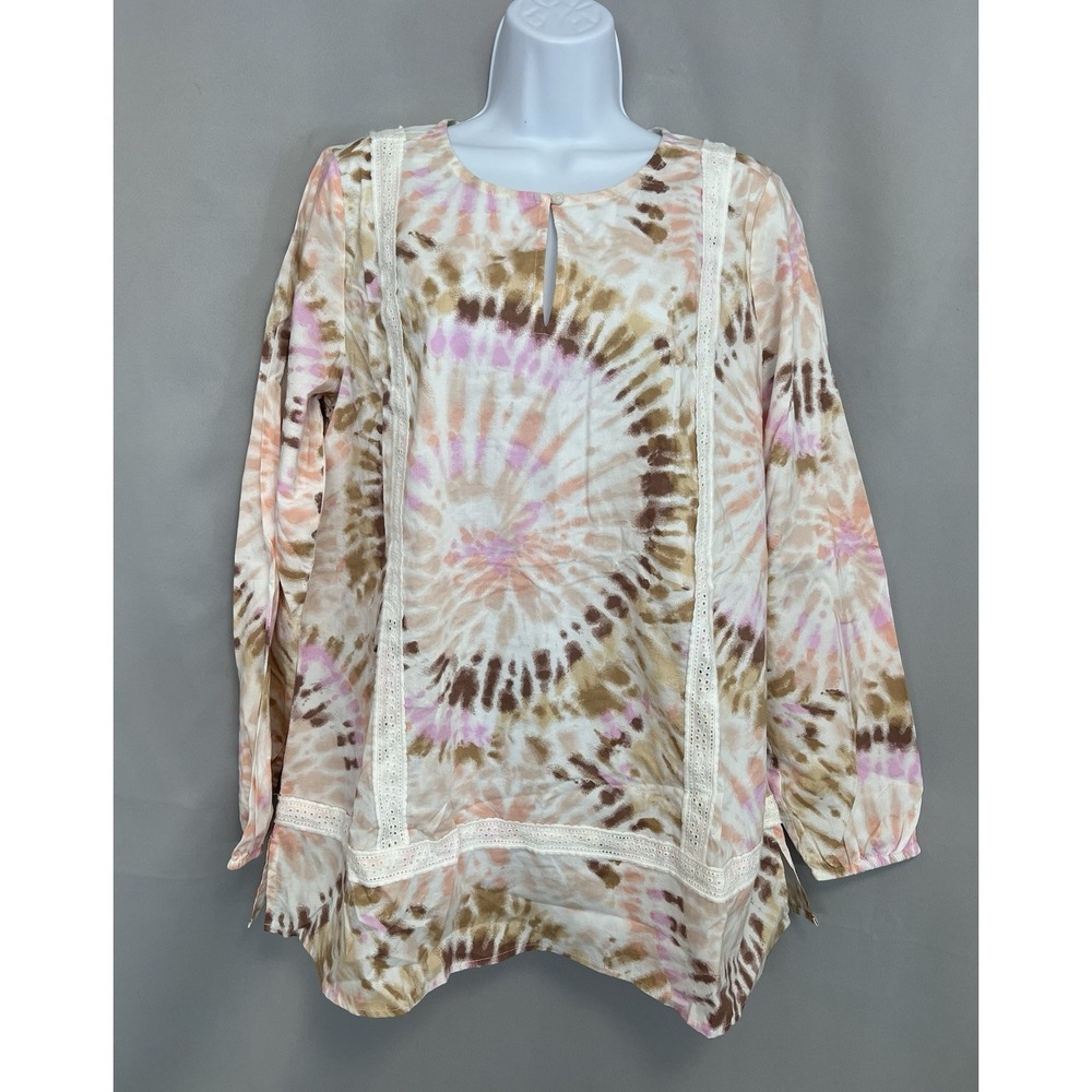 Lands'‎ End Women's Cotton Long Sleeve Split Neck Tie-Dye Tunic Top Medium